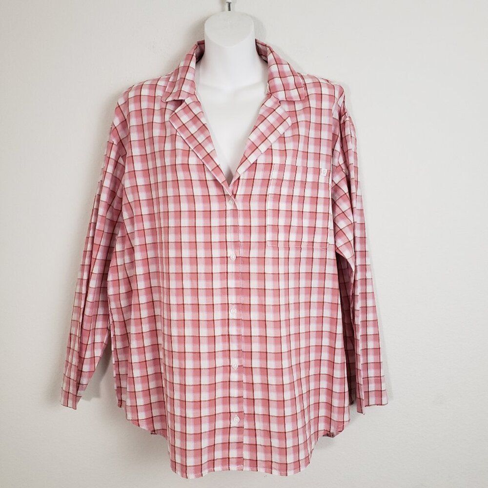 Old Navy Women's Top Large Pink Gingham Plad Classic Poplin Button Down Casual